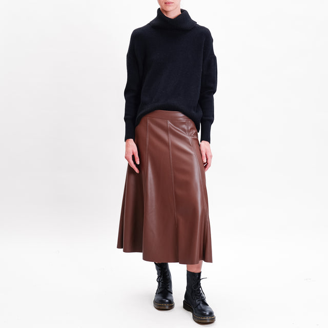 Tension in- A-line faux leather skirt with stitching - dark brown