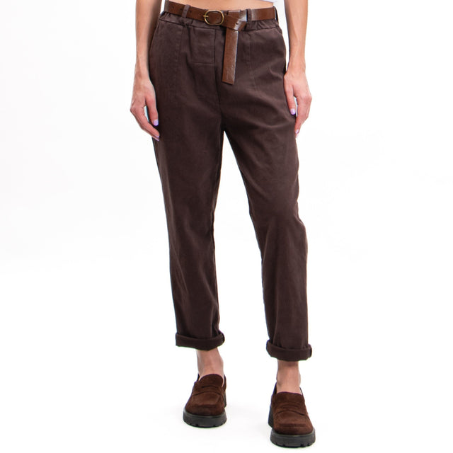 Tension in-Pantalone elastic waist with belt - dark brown