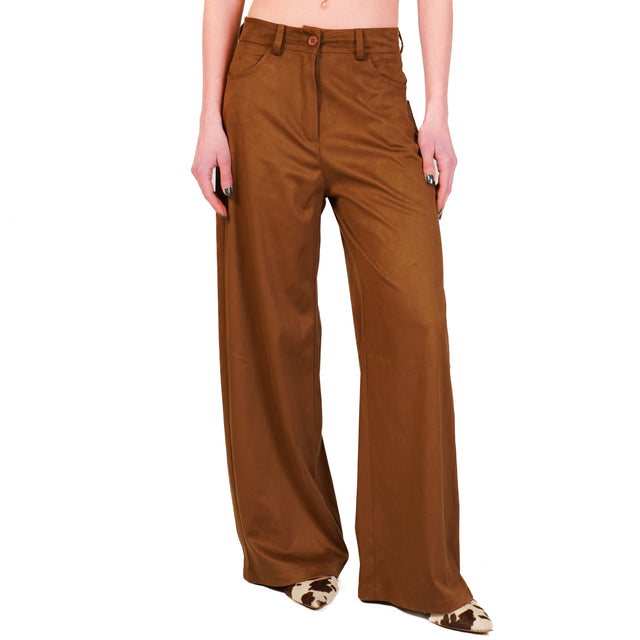 Tensione in-Pantalone GIUSI wide leg effetto suede - cognac