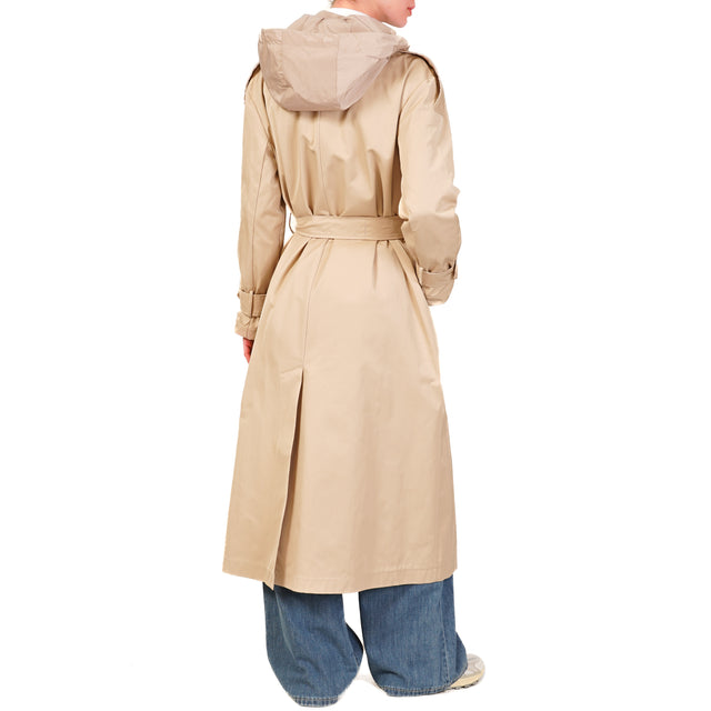 Tensione in-Trench doppiopetto cappuccio rimovibile - beige