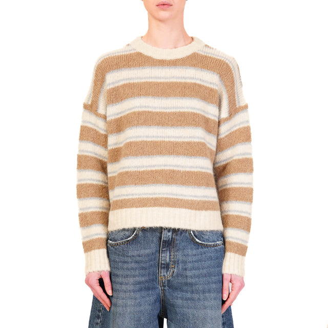 Tensione in-Maglia mohair elasticizzato a righe - panna/cammello/celeste