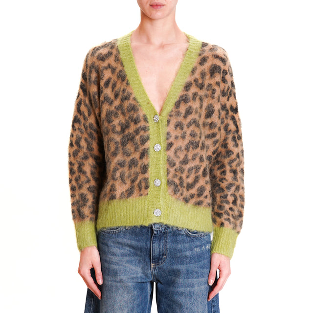 Tension in-Cardigan mohair jewel buttons - camel/black/lime