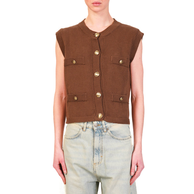 Vicolo-Gilet in maglia bottoni oro - cioccolato