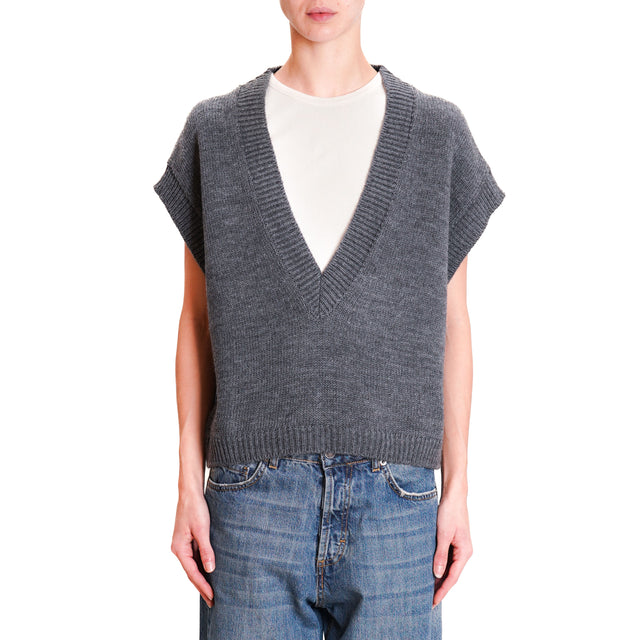 Vicolo-V-Neck Sleeveless Shirt - Anthracite