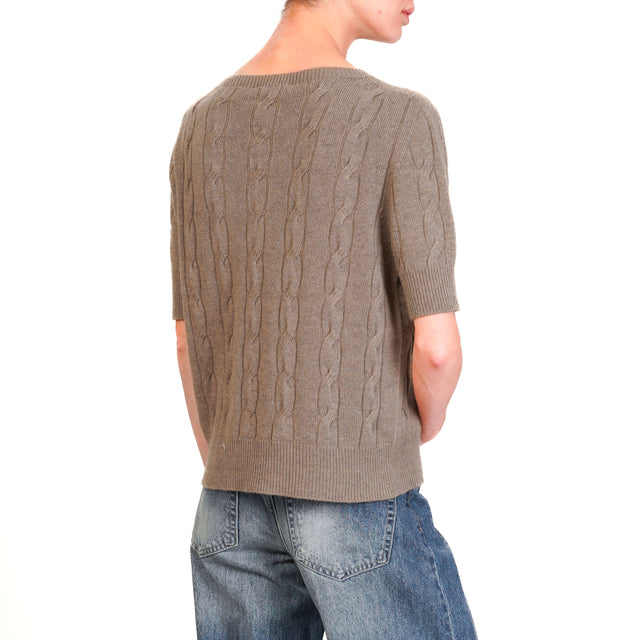 Vicolo-Maglia treccia mezza manica misto cashmere - tortora