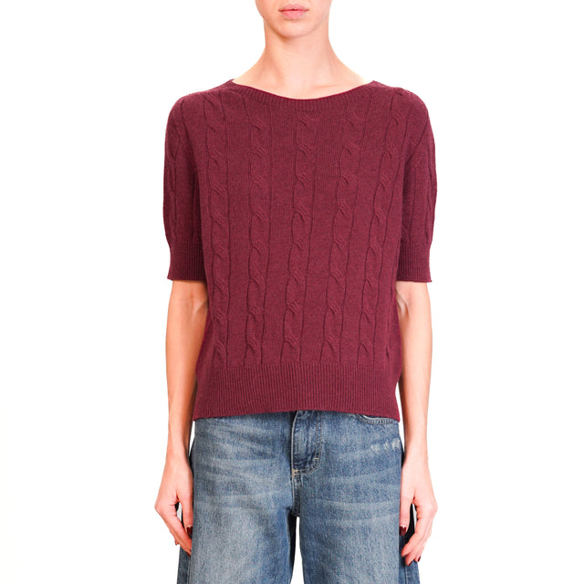 Vicolo-Maglia treccia mezza manica misto cashmere - vino