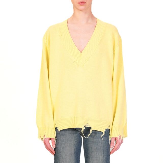 Vicolo-Maglia scollo v con rotture misto cashmere - lime