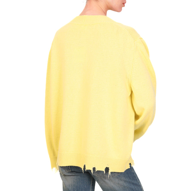 Vicolo-Maglia scollo v con rotture misto cashmere - lime