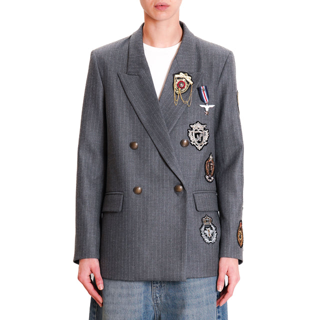 Vicolo-Double-breasted pinstripe jacket with patch - grey