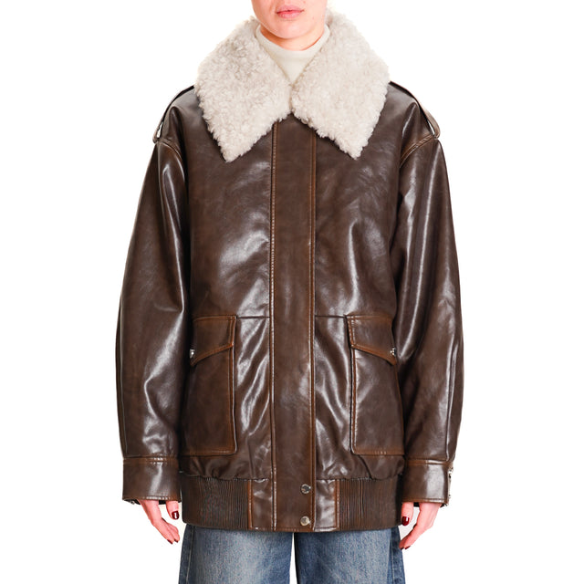 Vicolo-Aviator Jacket Faux Leather Detachable Collar - Dark Brown