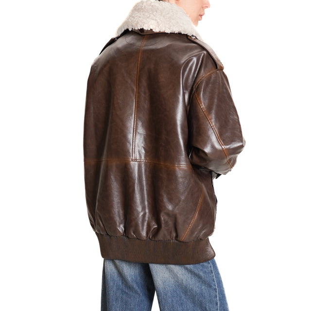 Vicolo-Aviator Jacket Faux Leather Detachable Collar - Dark Brown