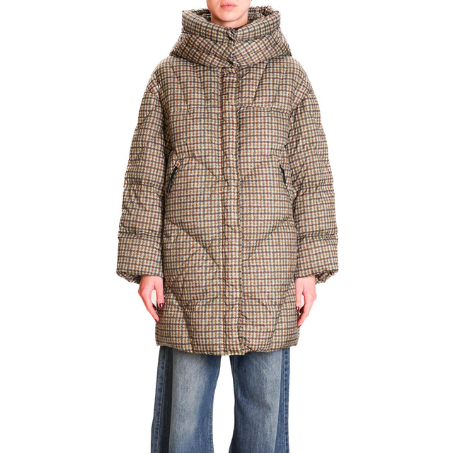 Vicolo-Houndstooth Down Jacket with Hood - Sage/Dark Brown/Military