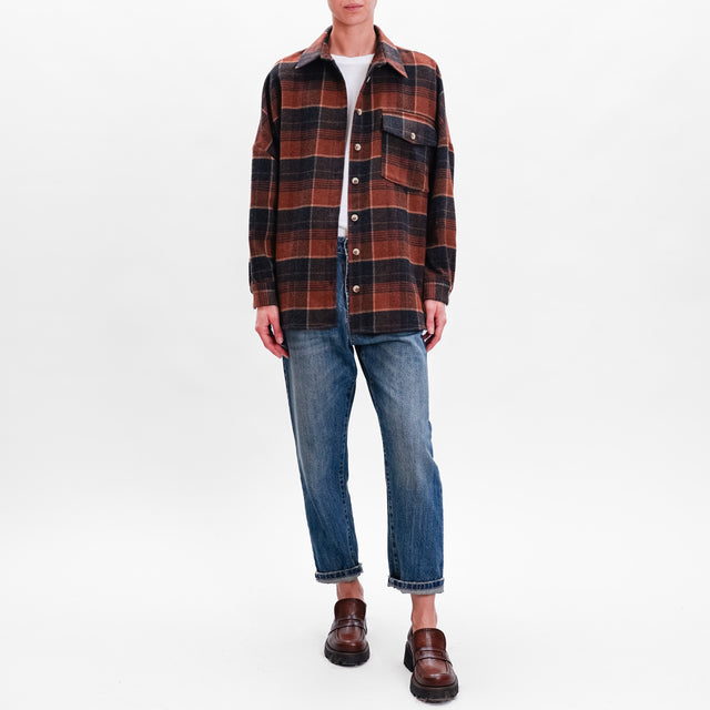 Vicolo-Check Shirt Wool Blend - Tobacco/Black