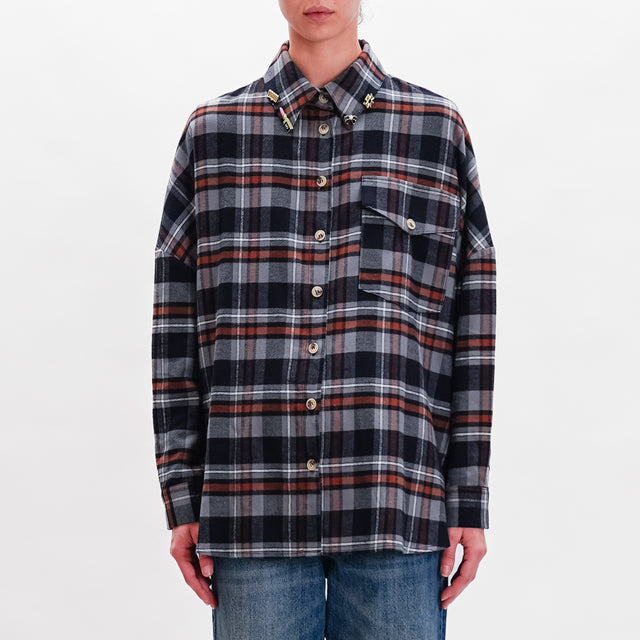 Vicolo-Check Shirt with Pins - Grey/Black/Leather