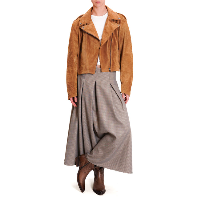 Vicolo-Pied de poule skirt with pleats - sand/dark brown