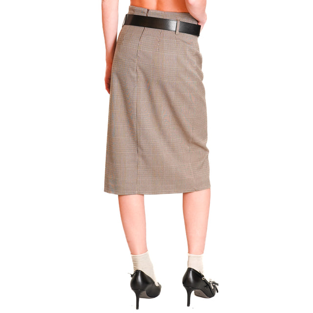 Vicolo-Prince of Wales Skirt with Slit - Beige/Dark Brown