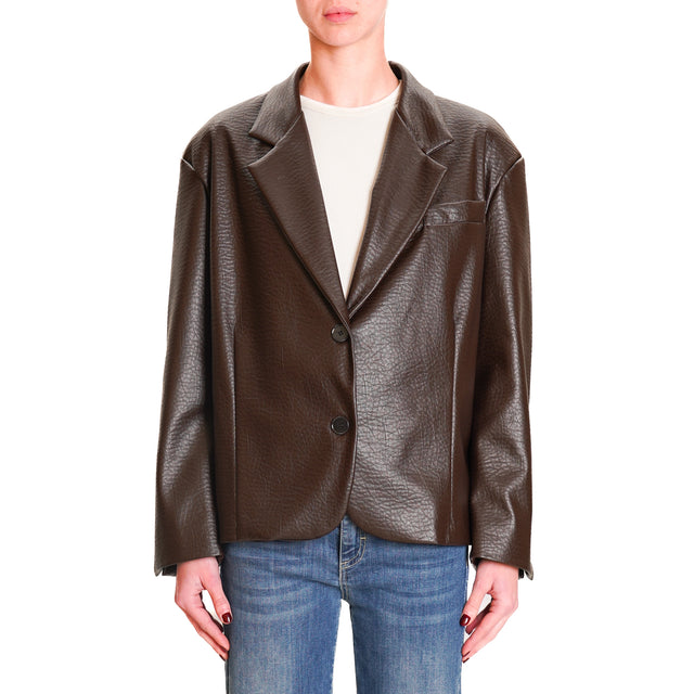 Vicolo-2 Button Faux Leather Jacket - Dark Brown