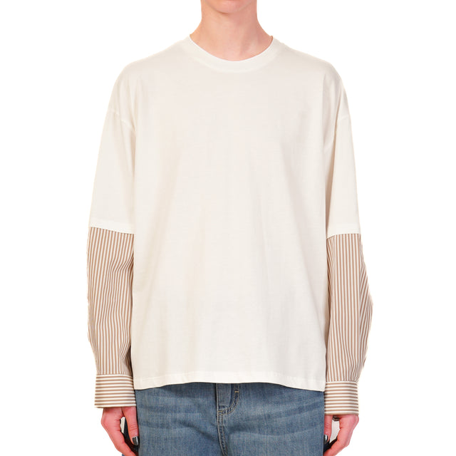 Vicolo-T-shirt doppio tessuto manica righe - bianco/beige