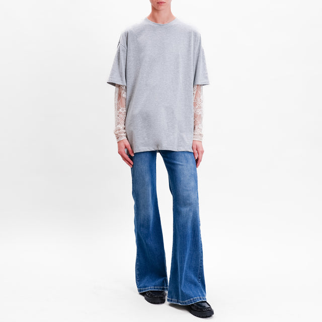 Vicolo-T-shirt over manica in pizzo - grigio/sand