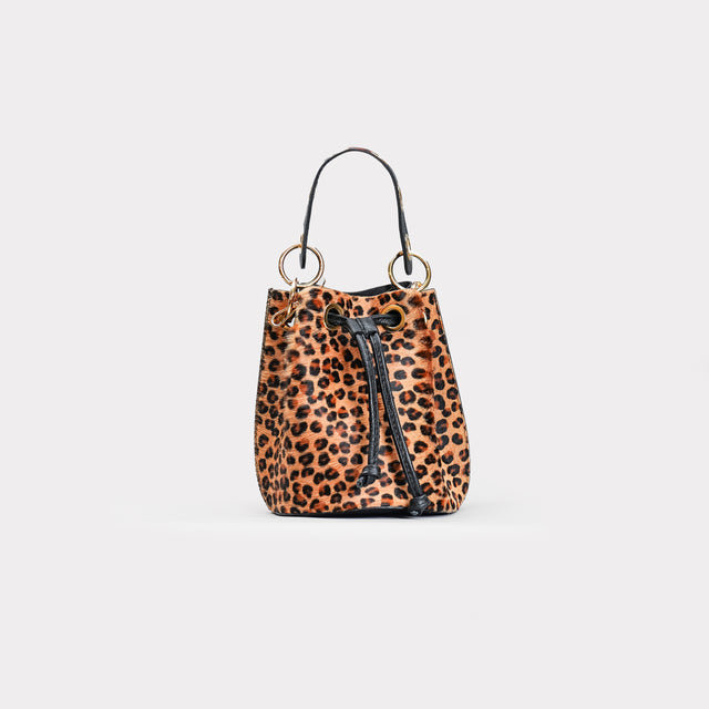 W by Whitemood-Spotted ponyskin bucket bag - black/beige