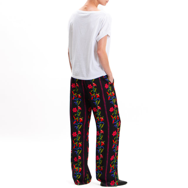 Wu'side-Pantalone fantasia fiori elastico dietro - nero/rosso/oliva