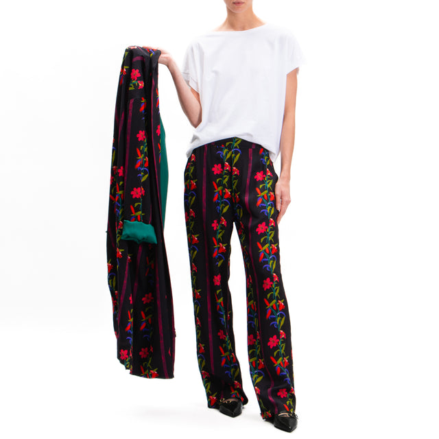 Wu'side-Pantalone fantasia fiori elastico dietro - nero/rosso/oliva