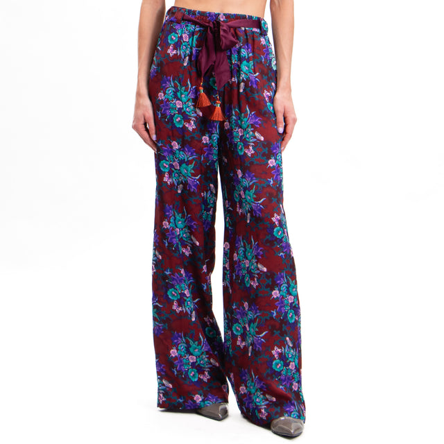 Wu'side-Floral Print Trousers - Bordeaux/Aqua/Purple