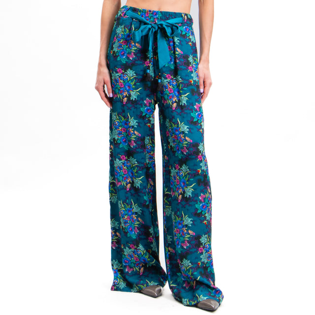 Wu'side-Floral Print Trousers - Teal/Aqua/Royal