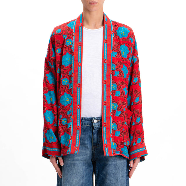 Wu'side-Floral Print Kimono with Pockets - Red/Teal