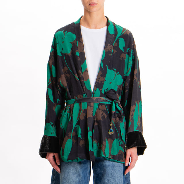 Wu'side-Kimono fantasia floreale con tasche - nero/moro/verde