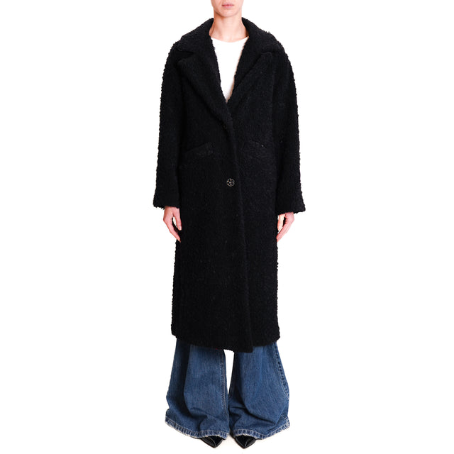 Wu'side-Bouclé coat with jewel buttons - black