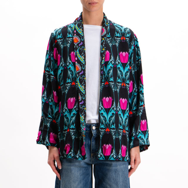 Wu'side-Kimono fantasia tulipano double face - nero/fucsia/turchese