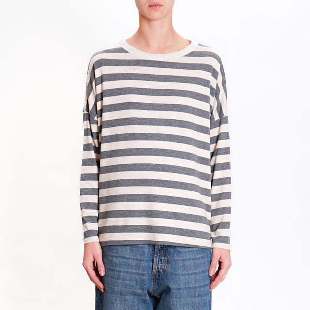 Zeroassoluto-T-shirt striped crew neck lurex - grey melange/beige