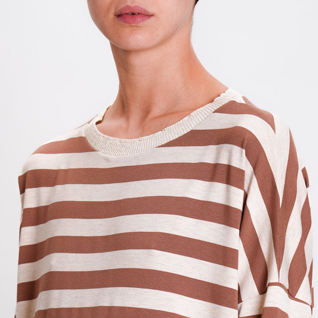 Zeroassoluto-T-shirt righe girocollo lurex - tabacco/beige