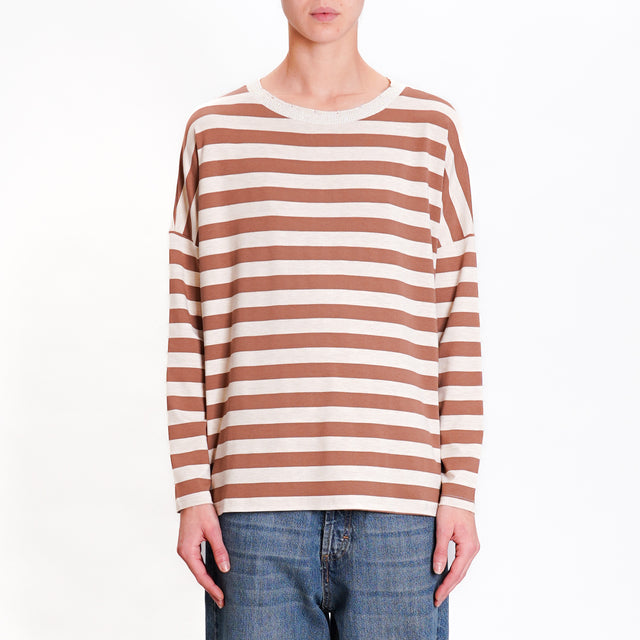 Zeroassoluto-T-shirt striped crew neck lurex - tobacco/beige