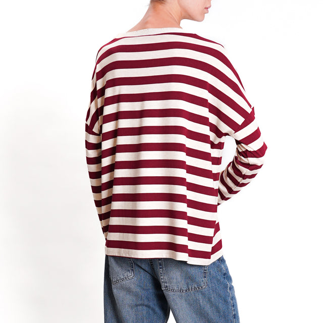 Zeroassoluto-Lurex crew-neck striped T-shirt - wine/beige