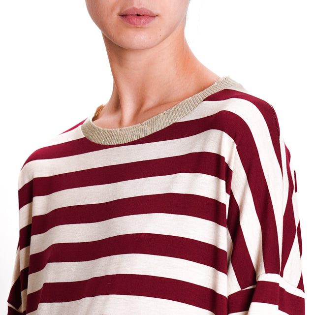 Zeroassoluto-T-shirt righe girocollo lurex - vino/beige