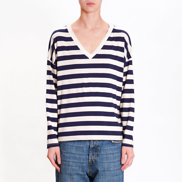 Zeroassoluto-V-neck lurex striped T-shirt - blue/beige