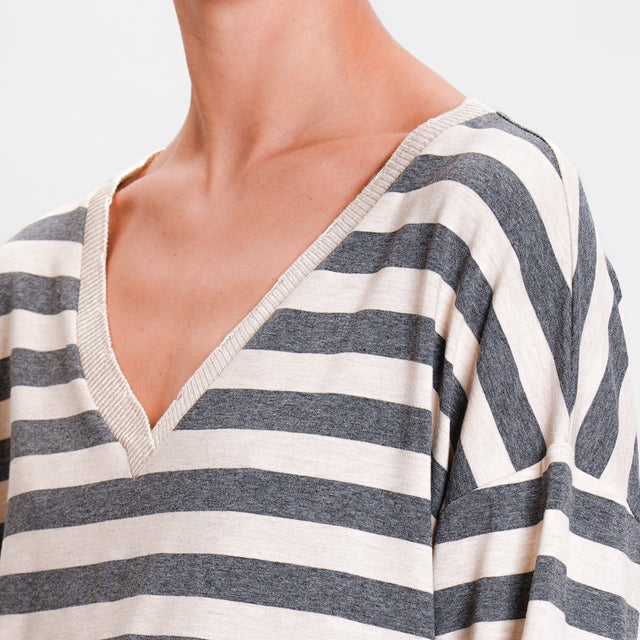 Zeroassoluto-T-shirt striped v-neck lurex - grey melange/beige