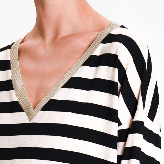 Zeroassoluto-V-neck lurex striped T-shirt - black/beige