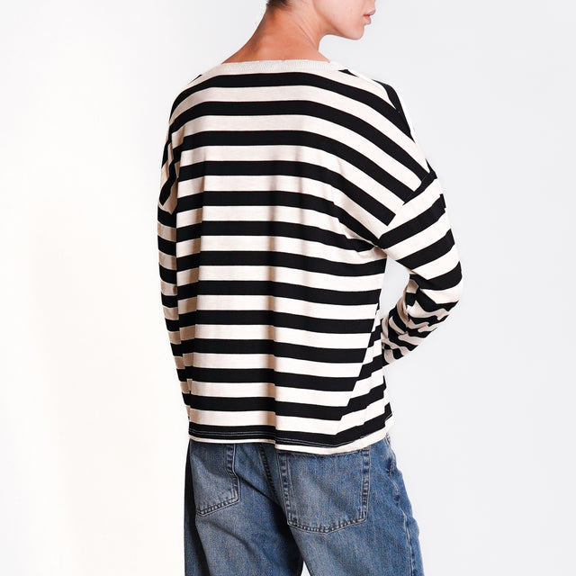 Zeroassoluto-V-neck lurex striped T-shirt - black/beige