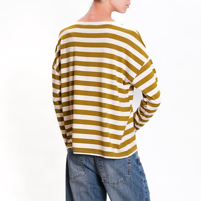 Zeroassoluto-T-shirt striped v-neck lurex - oil/beige