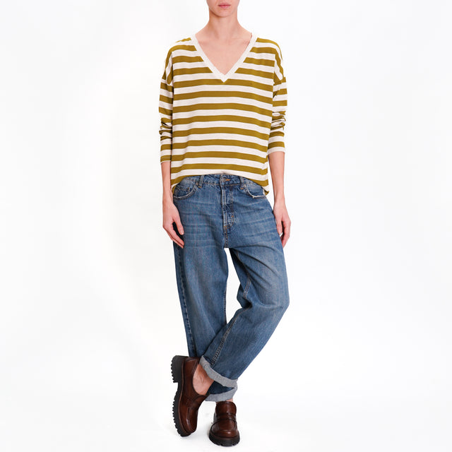 Zeroassoluto-T-shirt striped v-neck lurex - oil/beige