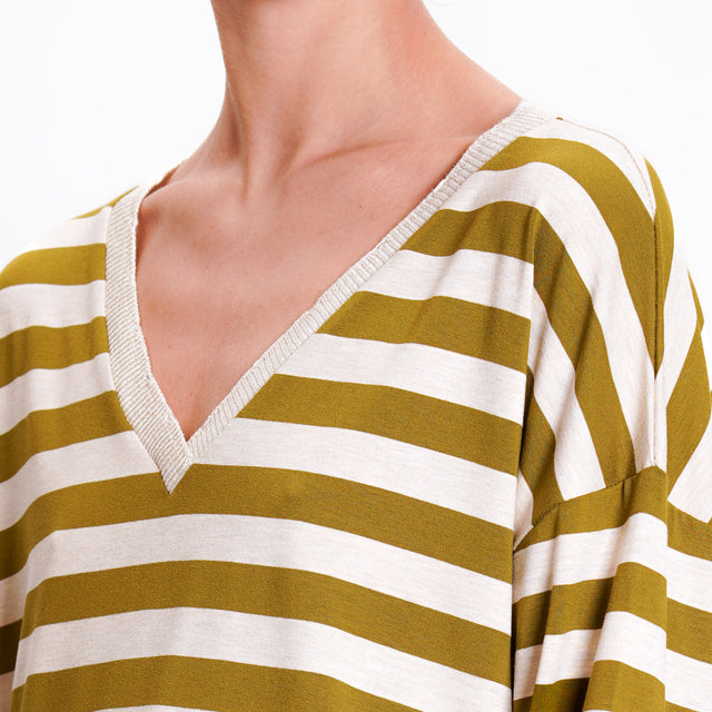 Zeroassoluto-T-shirt striped v-neck lurex - oil/beige