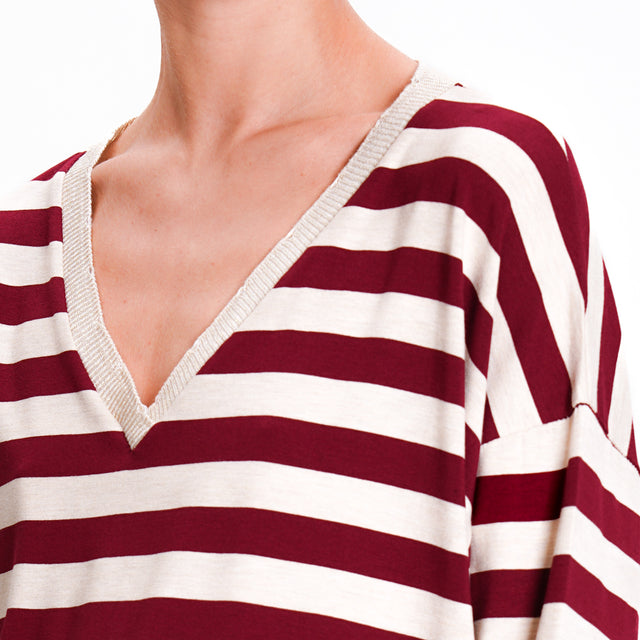 Zeroassoluto-T-shirt striped v-neck lurex - wine/beige