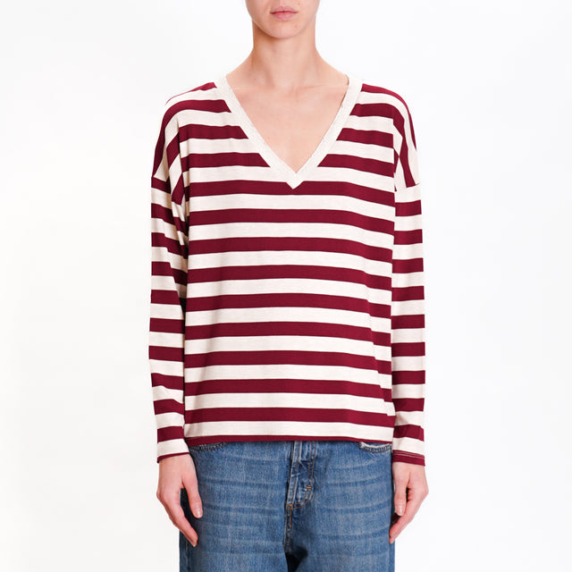 Zeroassoluto-T-shirt striped v-neck lurex - wine/beige