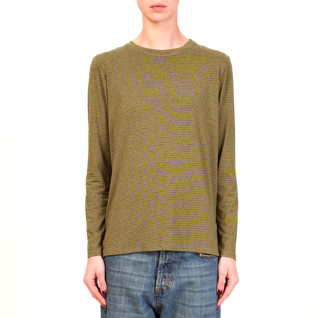 Zeroassoluto-Striped Jersey Crewneck T-Shirt - Military/Melange Grey