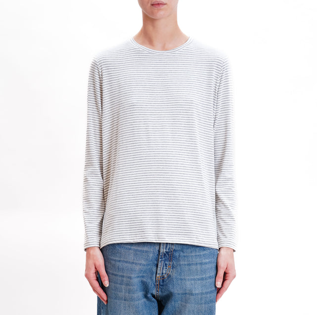 Zeroassoluto-T-shirt girocollo righe in jersey - latte/grigio melange