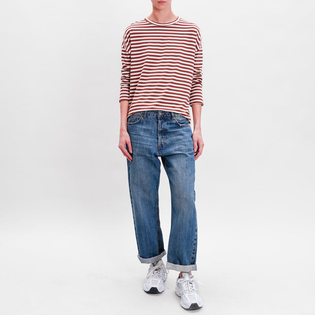 Zeroassoluto-T-shirt striped box jersey - leather/butter