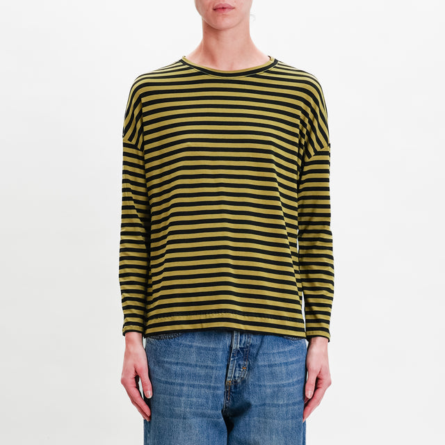 Zeroassoluto-T-shirt striped box jersey - leaf/black